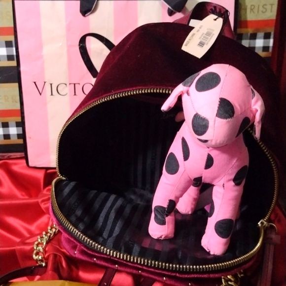 Victoria's Secret Burgundy Velvet Stud City Mini Backpack🎒Crossover Gold HW NWT - Picture 2 of 14